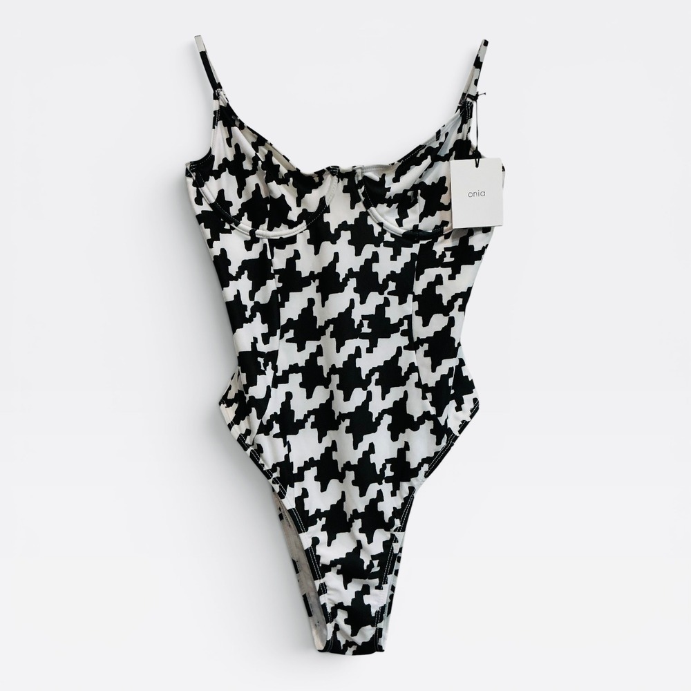 Onia Womens Black White Houndstooth Underwire One Piece Swimsuit Size Large NWT